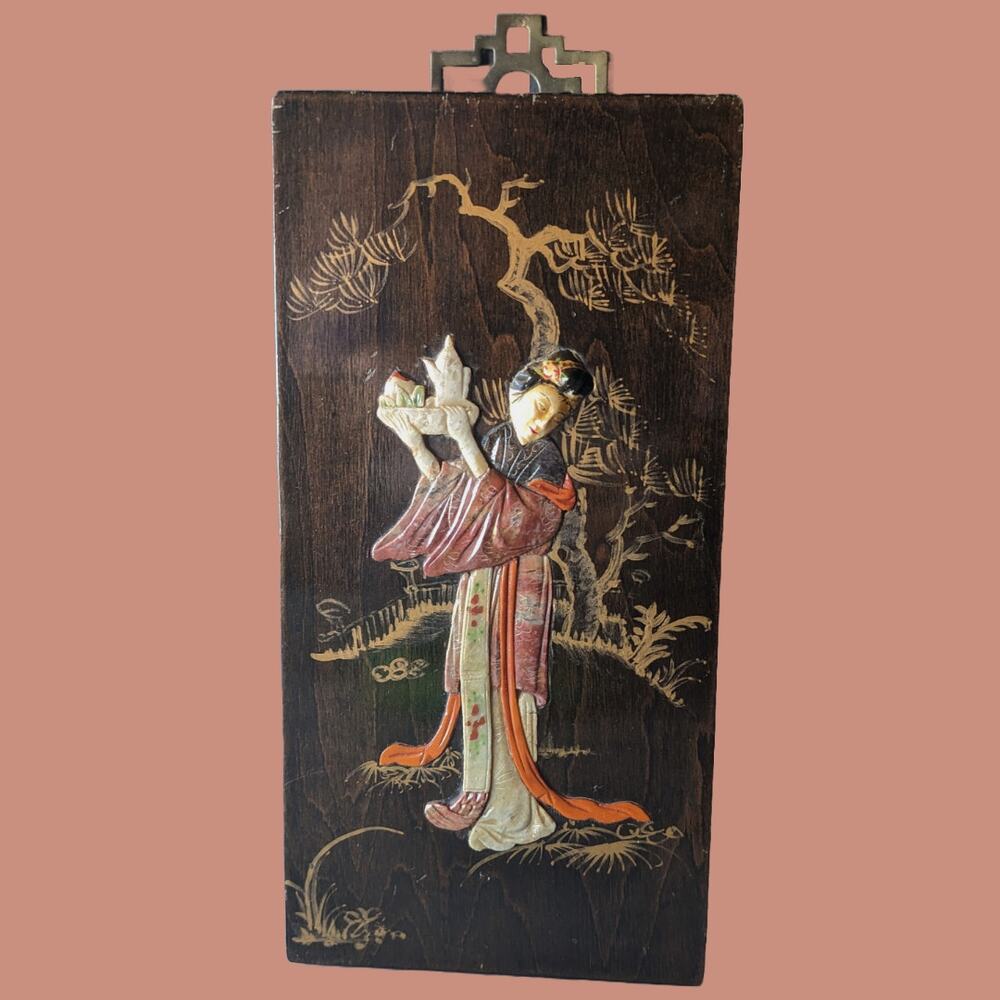 Vintage 1920 Chinese Soapstone and Mother of Pearl Inlay Wood Plaque